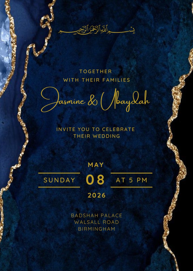 Deep navy and gold Nikah invitation with a marbled background and gold Bismillah calligraphy